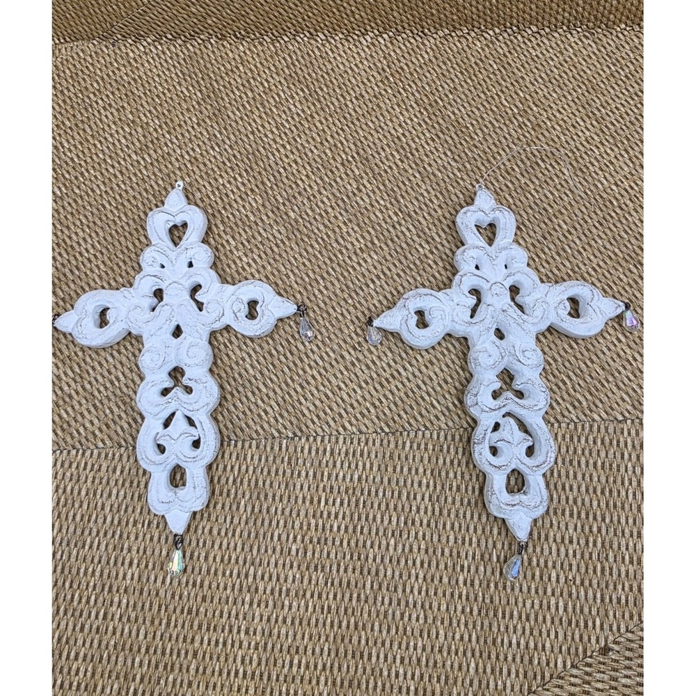Shabby Chic White Cross Ornaments Set of 2 w/ Crystal Drops ~ 7" Hanging‎ Décor